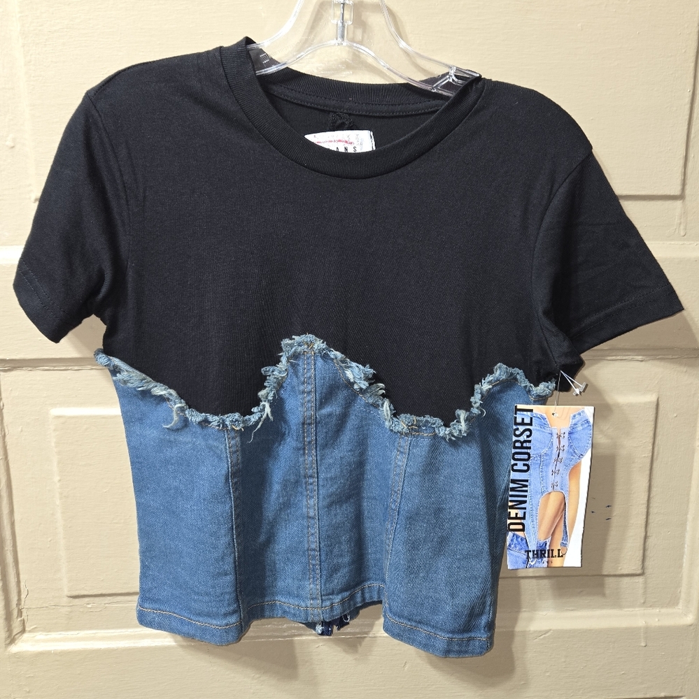 Denim Corset Crop Top - Black and Blue